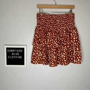 Loralette Burnt Orange Tiered Flowy Mini Skirt Cream Dot Print Size 16